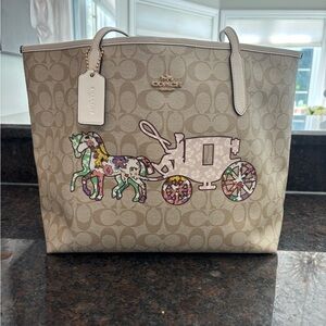 Coach Tan Tote with Floral Horse and Carriage Design